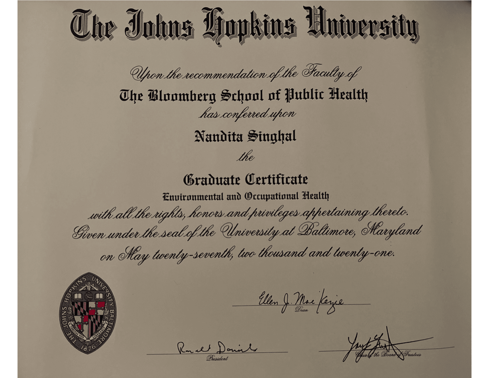 Environmental and Occupational Health certificate