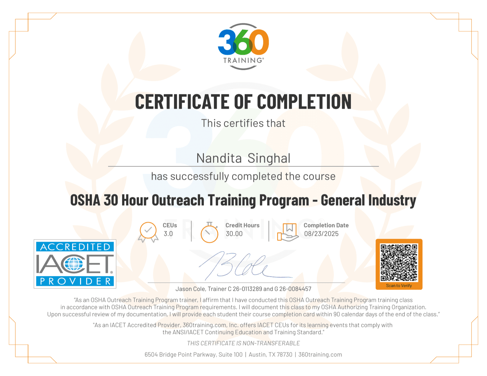 OSHA 30, General Industry certificate